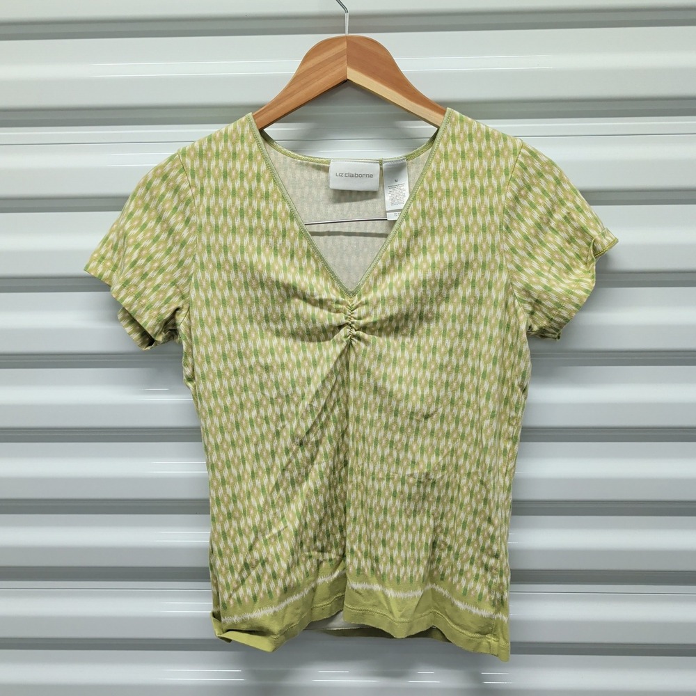 Liz Claiborne Womens Top Size M Green Geometric Ikat V-Neck Short Sleeve Casual